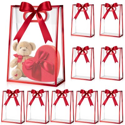 Aliceset 12 Pcs Clear Plastic Gift Bag with Die Cut Handles Reusable PP Favor Bag with Ribbon for Graduation Wedding Bridal Birthday Baby Shower Party Small Business, 7x10x3.15 Inch(Red)