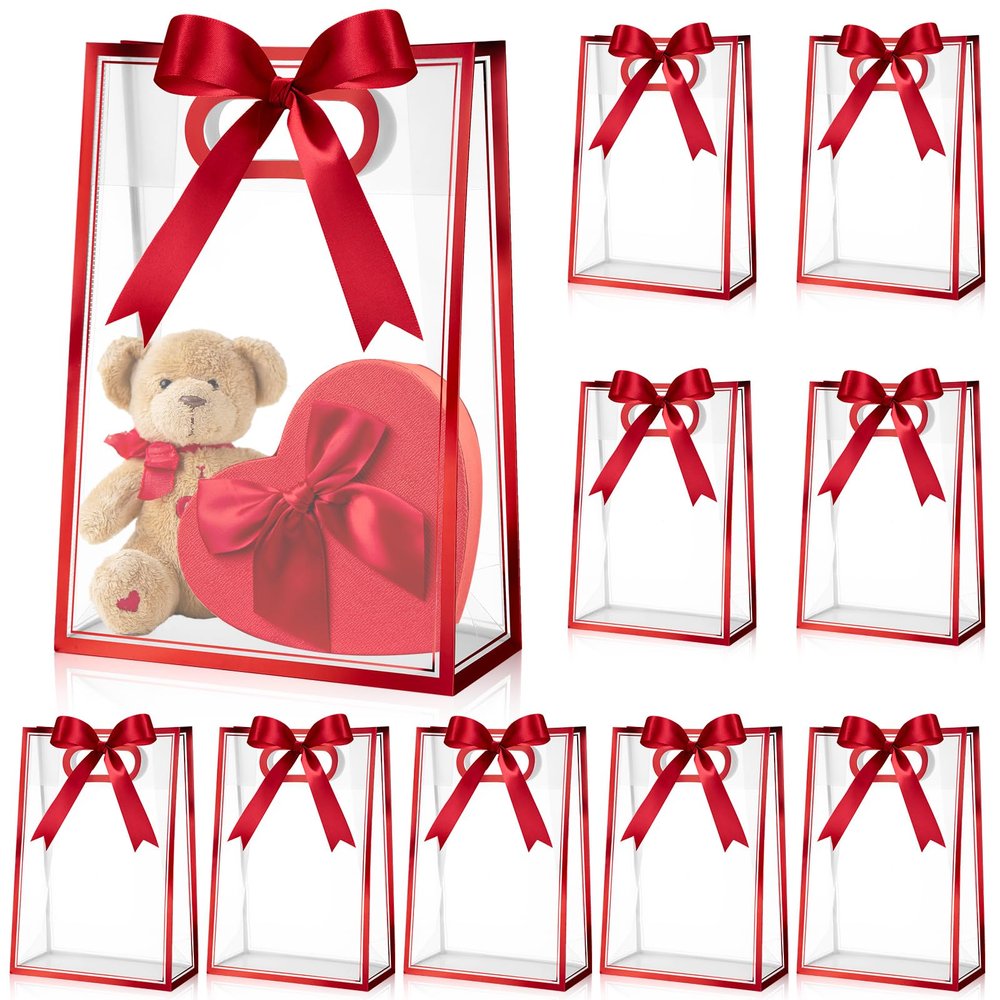 Aliceset 12 Pcs Clear Plastic Gift Bag with Die Cut Handles Reusable PP Favor Bag with Ribbon for Graduation Wedding Bridal Birthday Baby Shower Party Small Business, 7x10x3.15 Inch(Red)