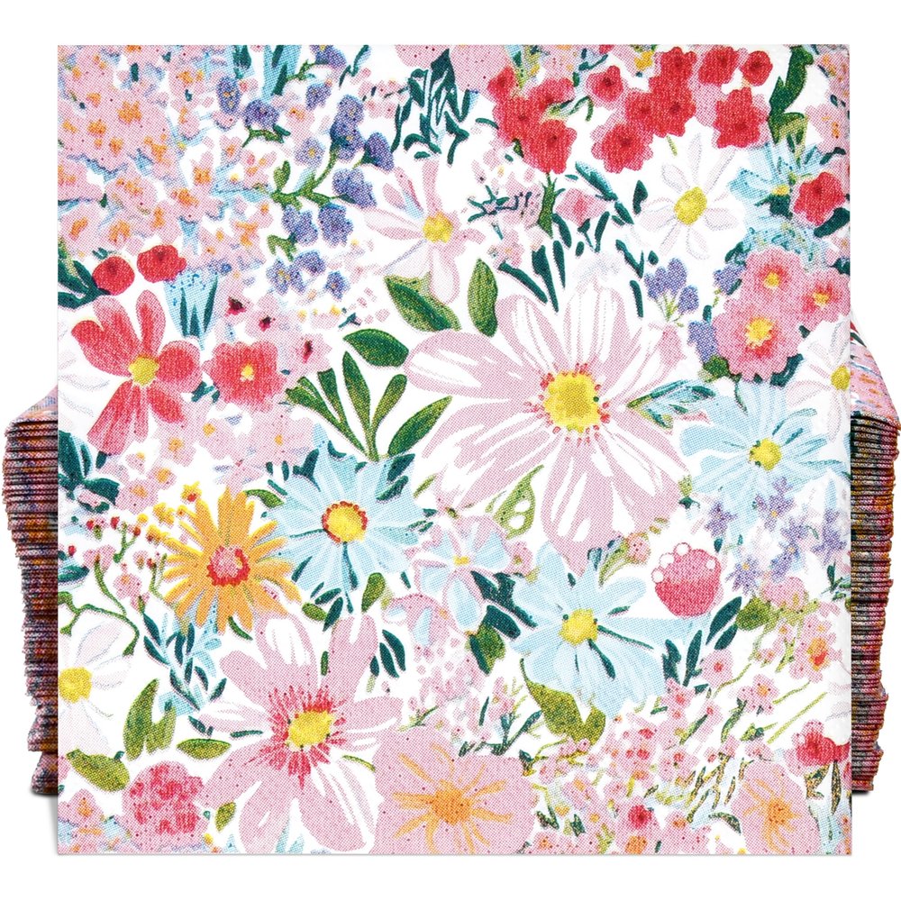 100 Pcs Spring Flower Blooms Cocktail Beverage Napkins Flowers Blossom Disposable Paper Dessert Napkin for Summer Spring Birthday Party Supplies Decor