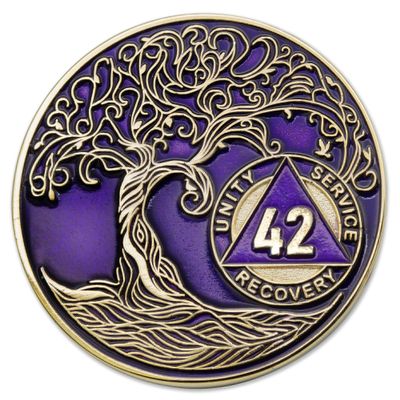 1 to 50 Year Twisted Tree of Life Sobriety Coin - Gold Plated AA Chips & Medallions - 42 Year Sobriety Coin - Purple