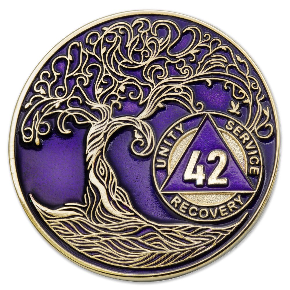 1 to 50 Year Twisted Tree of Life Sobriety Coin - Gold Plated AA Chips & Medallions - 42 Year Sobriety Coin - Purple