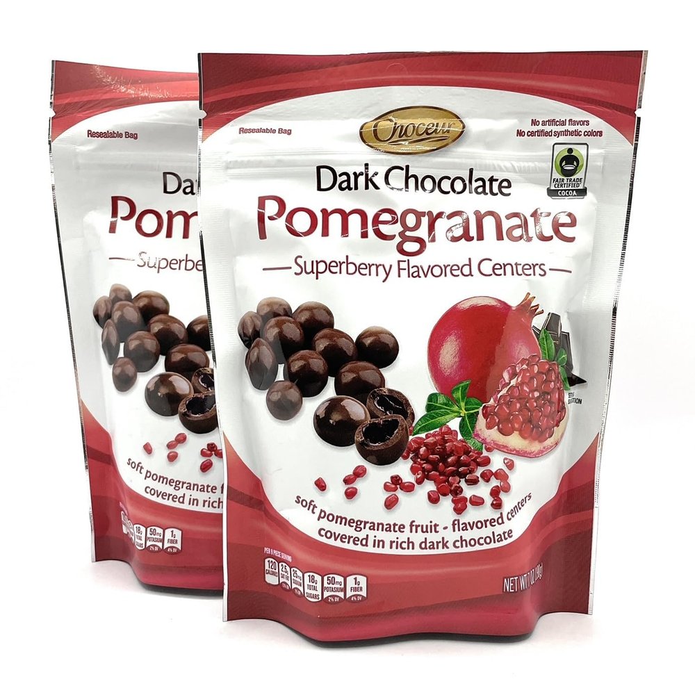 2-PACK Superberry Pomegranate Gourmet Dark Chocolate Bonbons Fair Trade Certified Premium Dark Chocolate with Soft Chewy Center, No Artificial Colors or Flavors 7oz. resealable bag x 2 = 14 oz. total