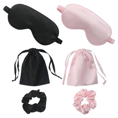 2 Pcs Adjustable Satin Eye Mask Blindfold Soft Sleeping Mask Travel Sleep Masks Night Time Eye Cover Women Eye Shades with 2 Pcs Hair Scrunchies and 2 Pcs Bags