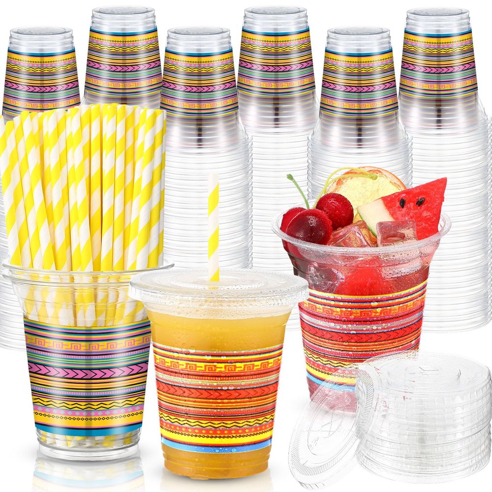Jingmore 100 Pack 12 oz Fiesta Plastic Cups with Lids and Paper Straw Mexican Cup Clear Disposable Margarita Glasses Cinco De Mayo Party Decorations for Taco Hispanic Heritage Birthday Party Supplies