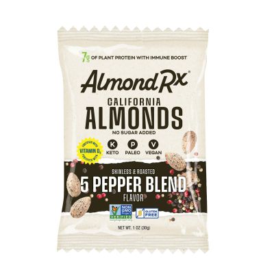 AlmondRx | Heart Healthy Skinless Lightly Salted California Almond Snack Packs | Fortified with Vitamin D | Plant Protein | Keto | Vegan | No Sugar Added (24 Pack, 5 Pepper Blend)