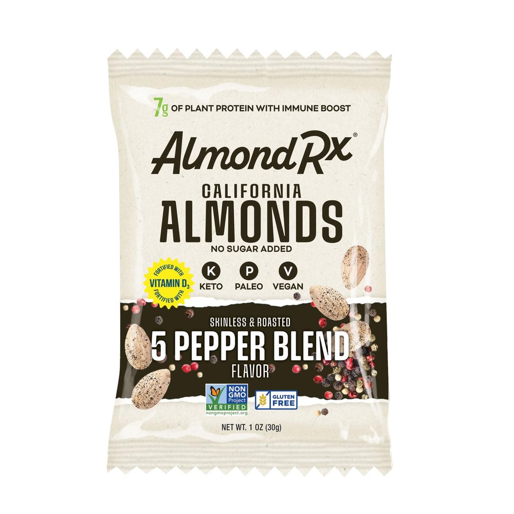 AlmondRx | Heart Healthy Skinless Lightly Salted California Almond Snack Packs | Fortified with Vitamin D | Plant Protein | Keto | Vegan | No Sugar Added (24 Pack, 5 Pepper Blend)