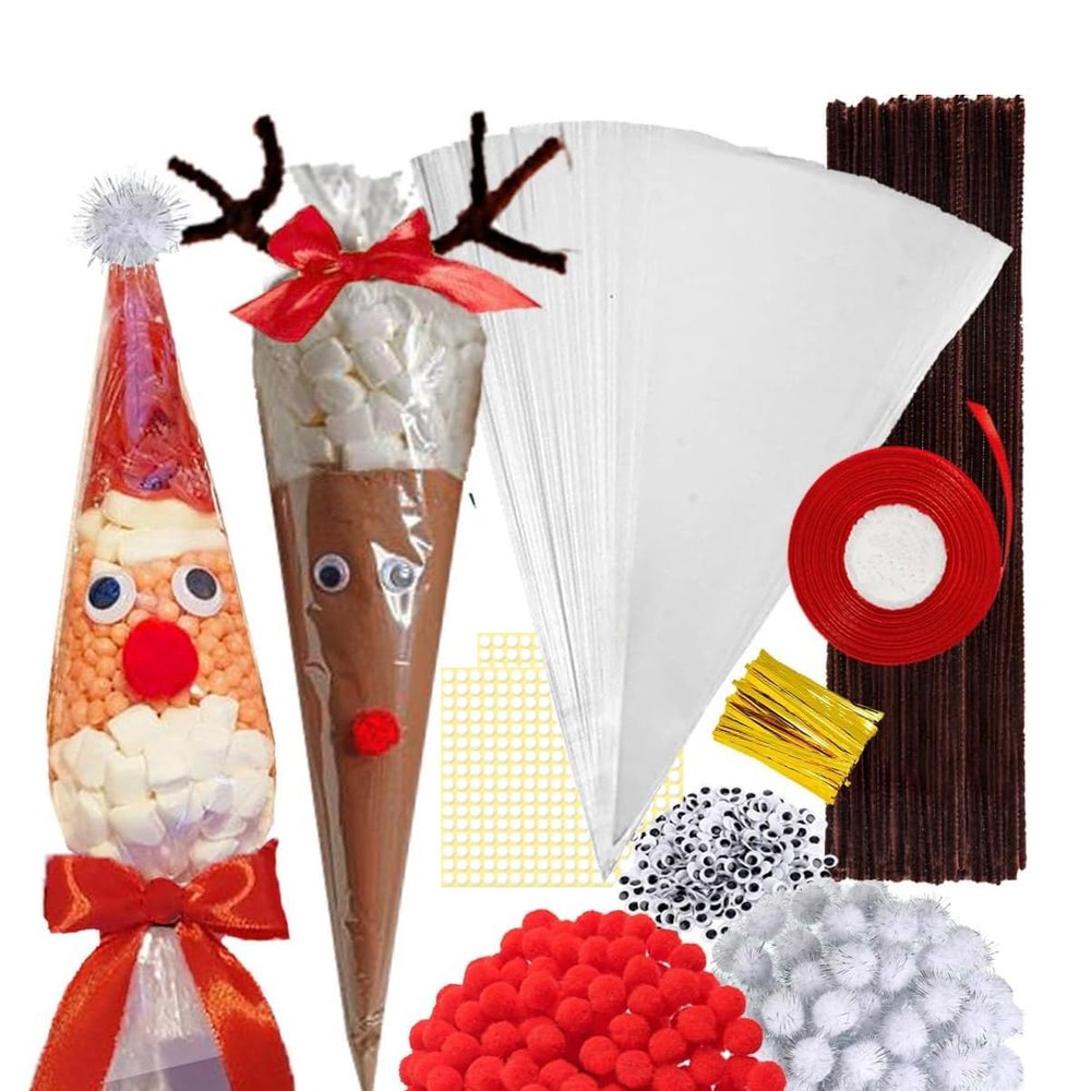 651 Pcs Christmas Cellophane Treat Bags,DIY Reindeer and Santa Claus Cone Shaped Treat Bags with Ties,Black Wiggle Googly Eyes,Brown Pipe Cleaners,Red White Pom Poms and Red Ribbon for Christmas Party Favor