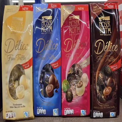 Generic Private Chocolatiers Moser-Roth Delice Fine Truffles Dark Chocolate 70% Cocoa, Milk Chocolate, White Chocolate, Summer Collection 4.9oz 140g (Four Bags), Full Size