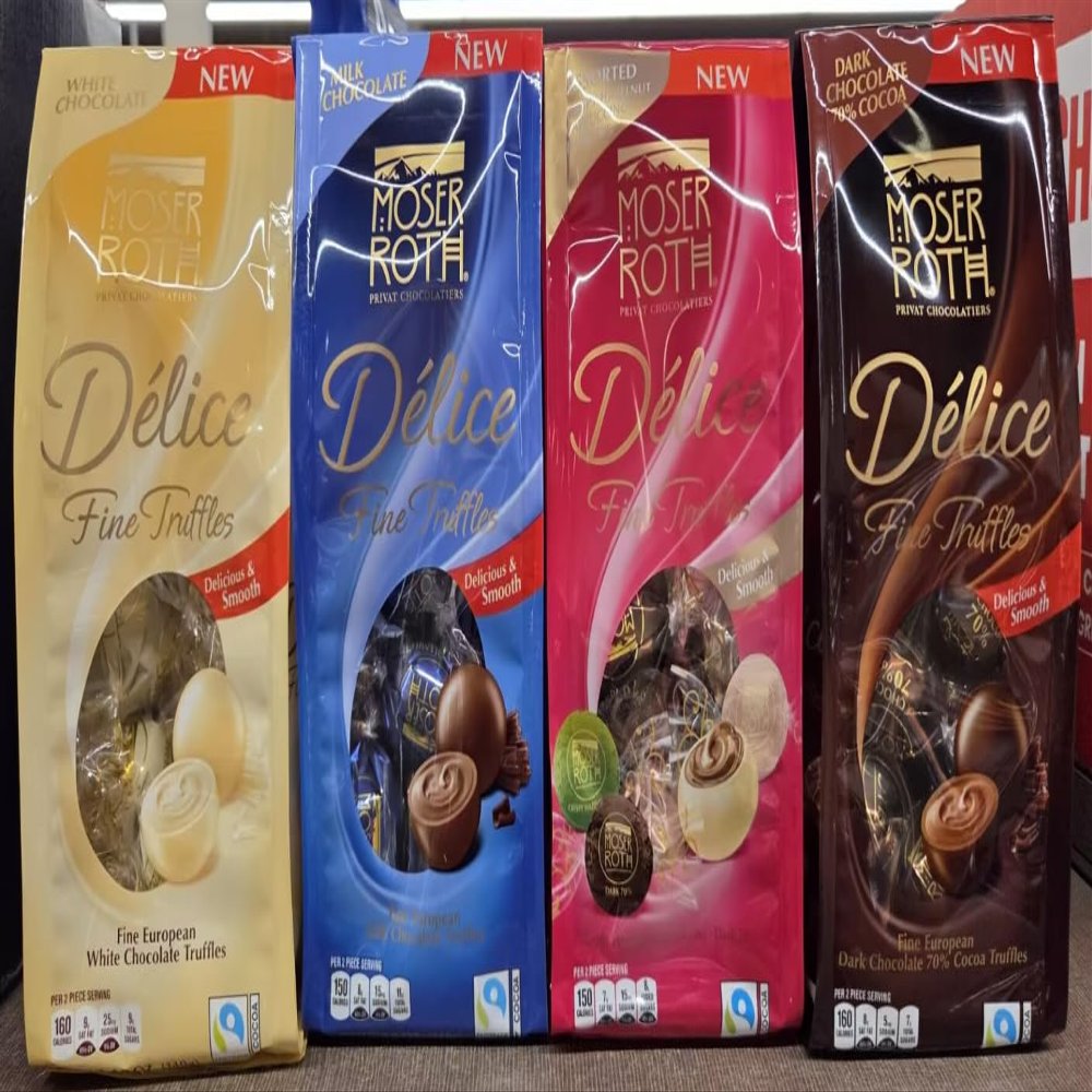 Generic Private Chocolatiers Moser-Roth Delice Fine Truffles Dark Chocolate 70% Cocoa, Milk Chocolate, White Chocolate, Summer Collection 4.9oz 140g (Four Bags), Full Size