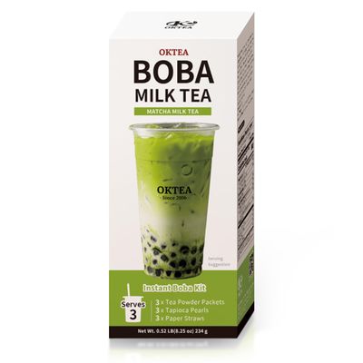OKTEA Matcha Rich & Creamy Style Bubble Pearl Milk Tea Kit Matcha Flavor, Real Sugar, Preservative-Free Tapioca Balls, Includes Paper Straws 3 Servings