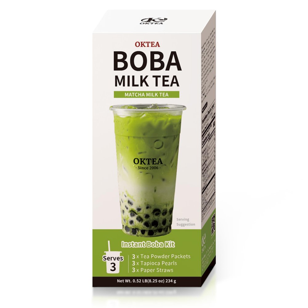 OKTEA Matcha Rich & Creamy Style Bubble Pearl Milk Tea Kit  Matcha Flavor, Real Sugar, Preservative-Free Tapioca Balls, Includes Paper Straws  3 Servings