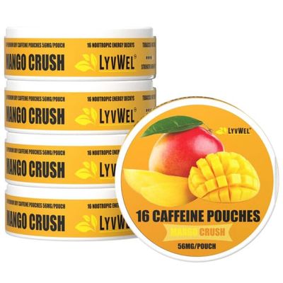 LyvWel 56mg Caffeine Energy Pouches  Mango Crush  Clean Energy & Focus Boost with Guarana  5-Pack with 16 Pouches Per Can (80 Total Pouches)