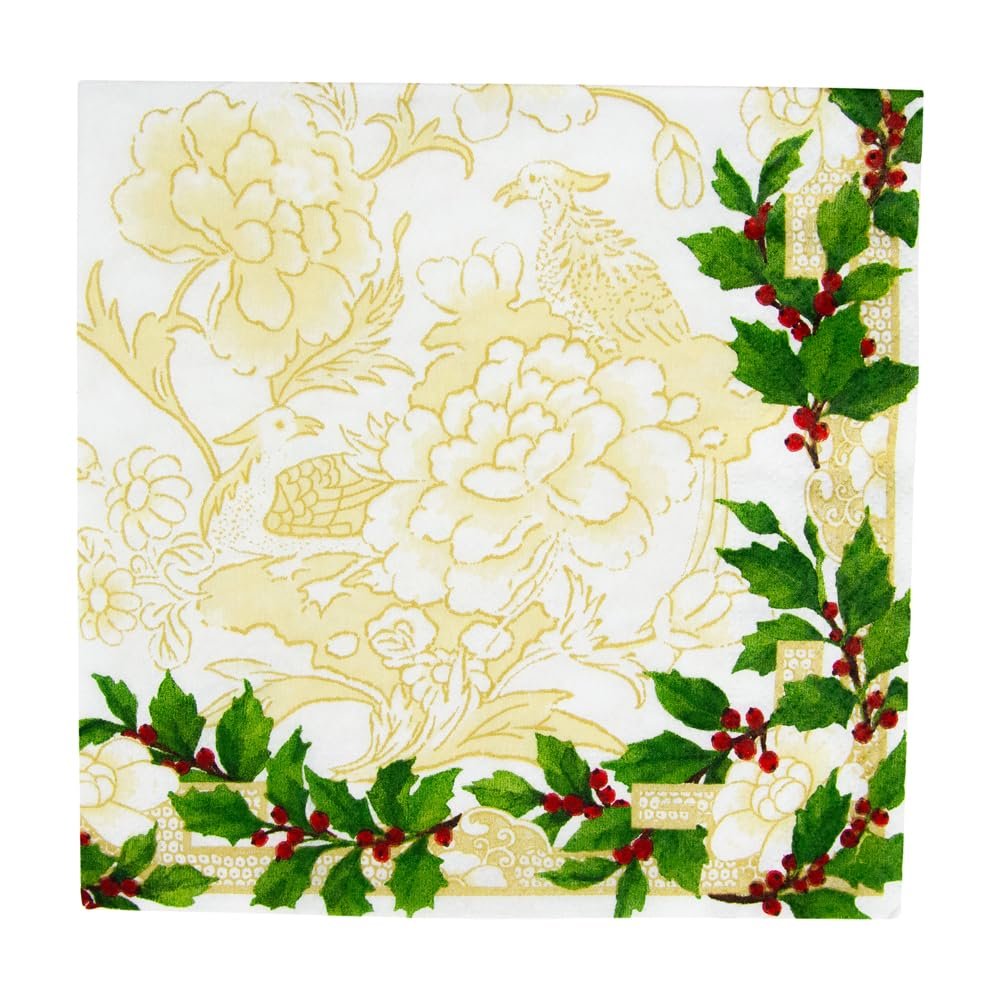 Caspari Holly Ceramic Ivory & Gold Luncheon Napkins - 20 Per Package, 2 Packs
