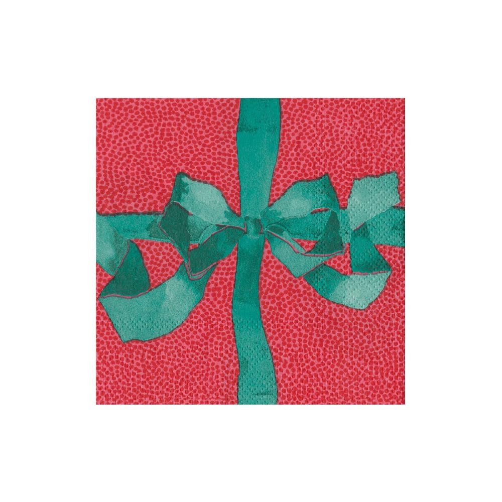 Caspari Tied With A Bow Red & Spruce Boxed Cocktail Napkins - 40 Per Box, 2 Boxes