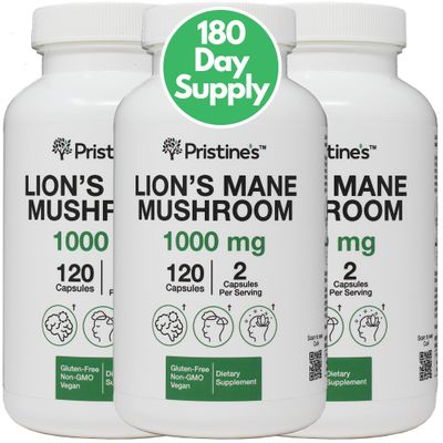 PRISTINE'S Lion's Mane Mushroom 1000mg (3 Pack) Brain Memory & Focus Adaptogen Supplement - 180 Day Supply - Cognitive Function & Immunity Health Memory Supplements for Adults - Vegan - Non-GMO