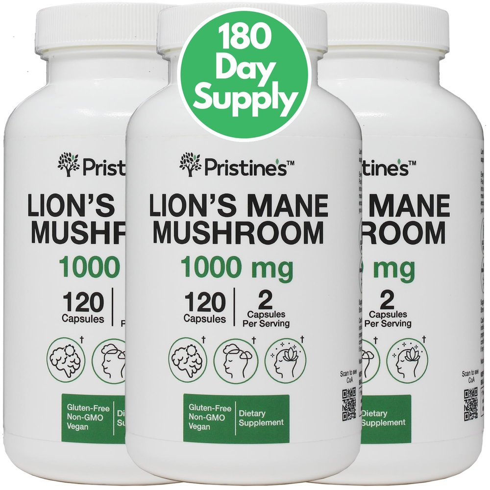 PRISTINE'S Lion's Mane Mushroom 1000mg (3 Pack) Brain Memory & Focus Adaptogen Supplement - 180 Day Supply - Cognitive Function & Immunity Health Memory Supplements for Adults - Vegan - Non-GMO