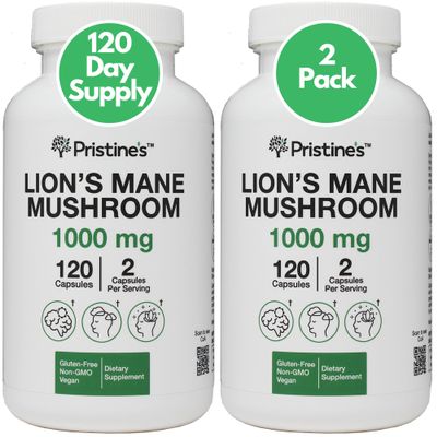 PRISTINE'S Lion's Mane Mushroom 1000mg (2 Pack) Brain Memory & Focus Adaptogen Supplement - 120 Day Supply - Cognitive Function & Immunity Health Memory Supplements for Adults - Vegan - Non-GMO