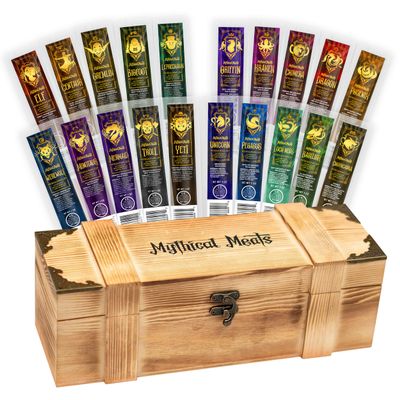 Mythical Meats Deluxe Loot Crate  Indulge in 20 Exotic Game Snack Sticks  Dried & Dehydrated Meats Seasoned to Perfection  High Protein & Keto Friendly  Collectible Box