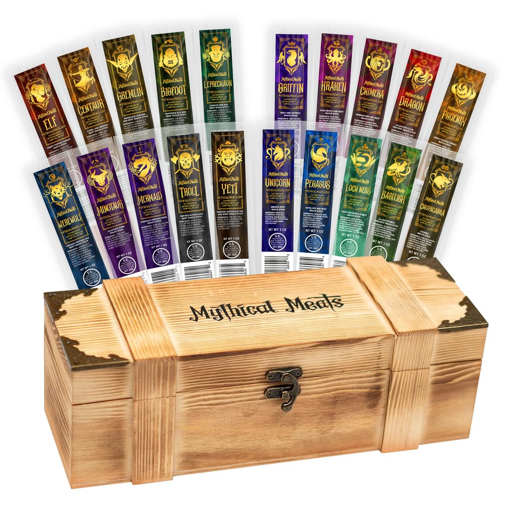 Mythical Meats Deluxe Loot Crate  Indulge in 20 Exotic Game Snack Sticks  Dried & Dehydrated Meats Seasoned to Perfection  High Protein & Keto Friendly  Collectible Box