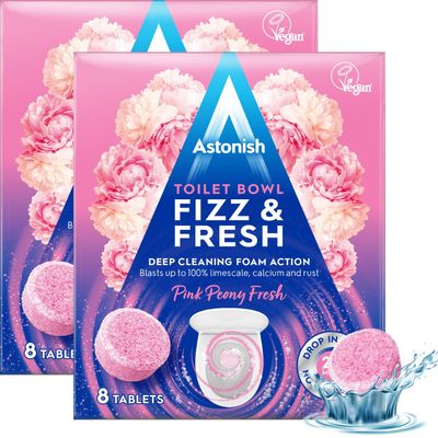 Astonish Foaming Pink Peony Toilet Bowl Cleaner 2 Pack - Deep Cleaning Limescale, Calcium & Rust - No Bottle, Removes Hard Stains (2 Boxes, 16 Tablets)