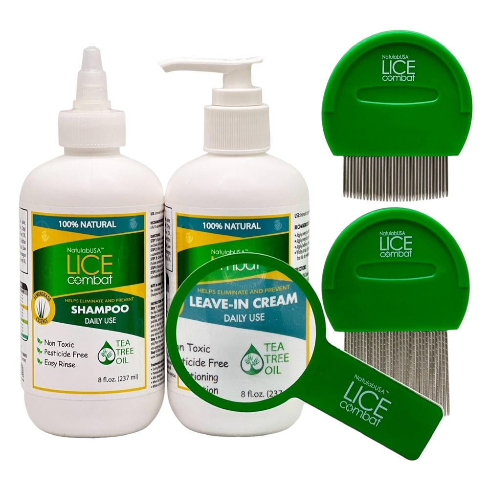 NatulabUSA Lice Combat Treatment Kit | Shampoo, Leave-in Cream, Two Combs and Magnifying Glass | Manages Super Lice & Nits | Repels & Prevents | Pesticide Free | 100% Natural Essential Oils