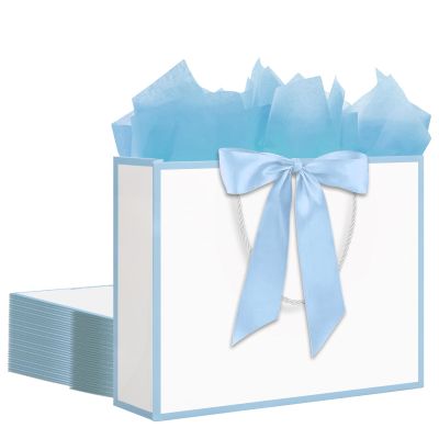 12 Pcs White Gift Bags with Handles 12.6x4.5x10 Inches Large Paper Bags with Bow Ribbon and Tissue Paper Gift Wrap Bags for Birthday Bridesmaid Party Wedding Baby Shower Valentines , White-Light Blue