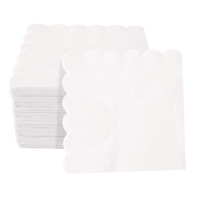 100 Pieces 2-ply White Napkin Disposable Scalloped Cocktail Napkins Beverage Napkins Dessert Napkins Paper Napkins for Dinner Wedding Birthday Party Bridal Anniversary Reception Event (White)