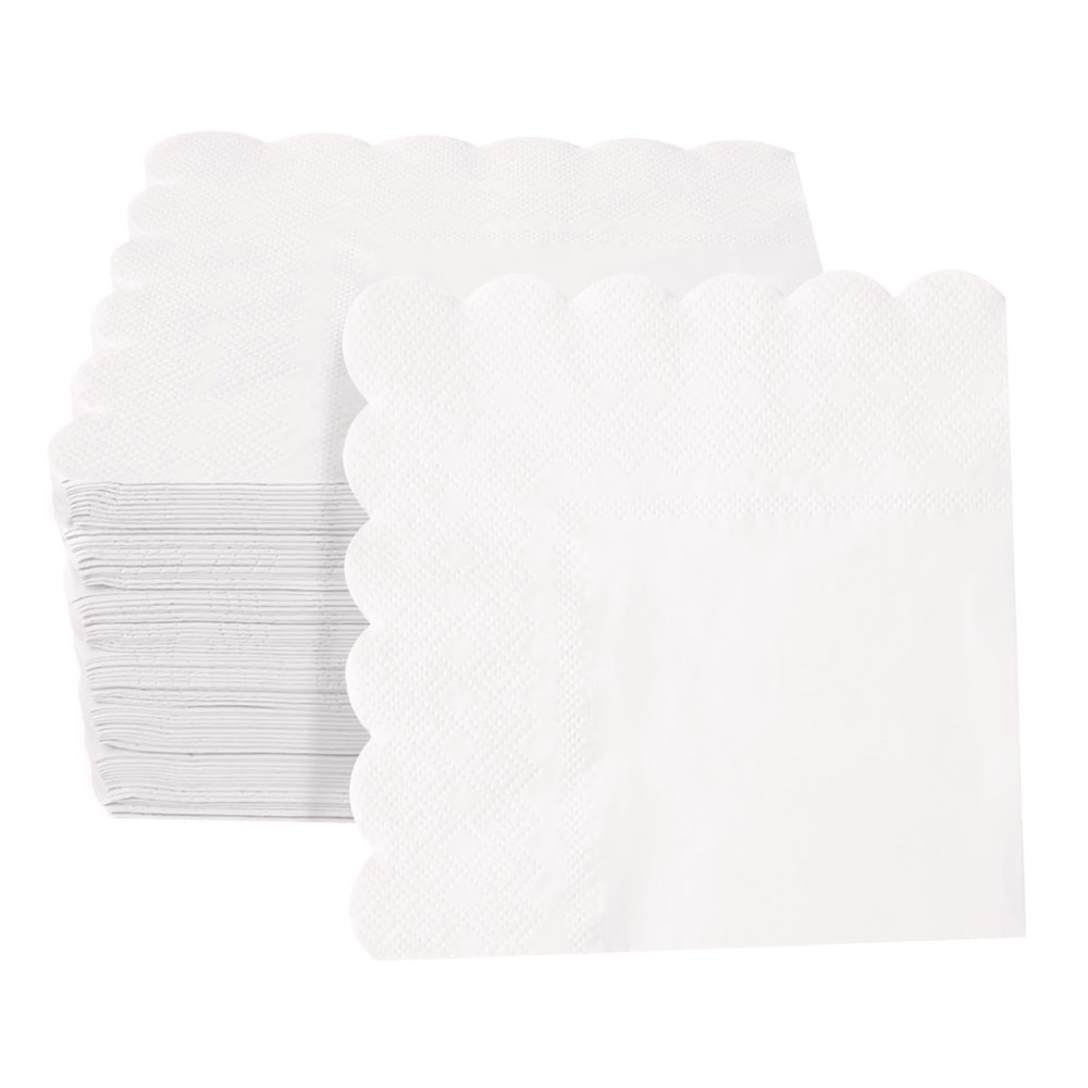 100 Pieces 2-ply White Napkin Disposable Scalloped Cocktail Napkins Beverage Napkins Dessert Napkins Paper Napkins for Dinner Wedding Birthday Party Bridal Anniversary Reception Event (White)
