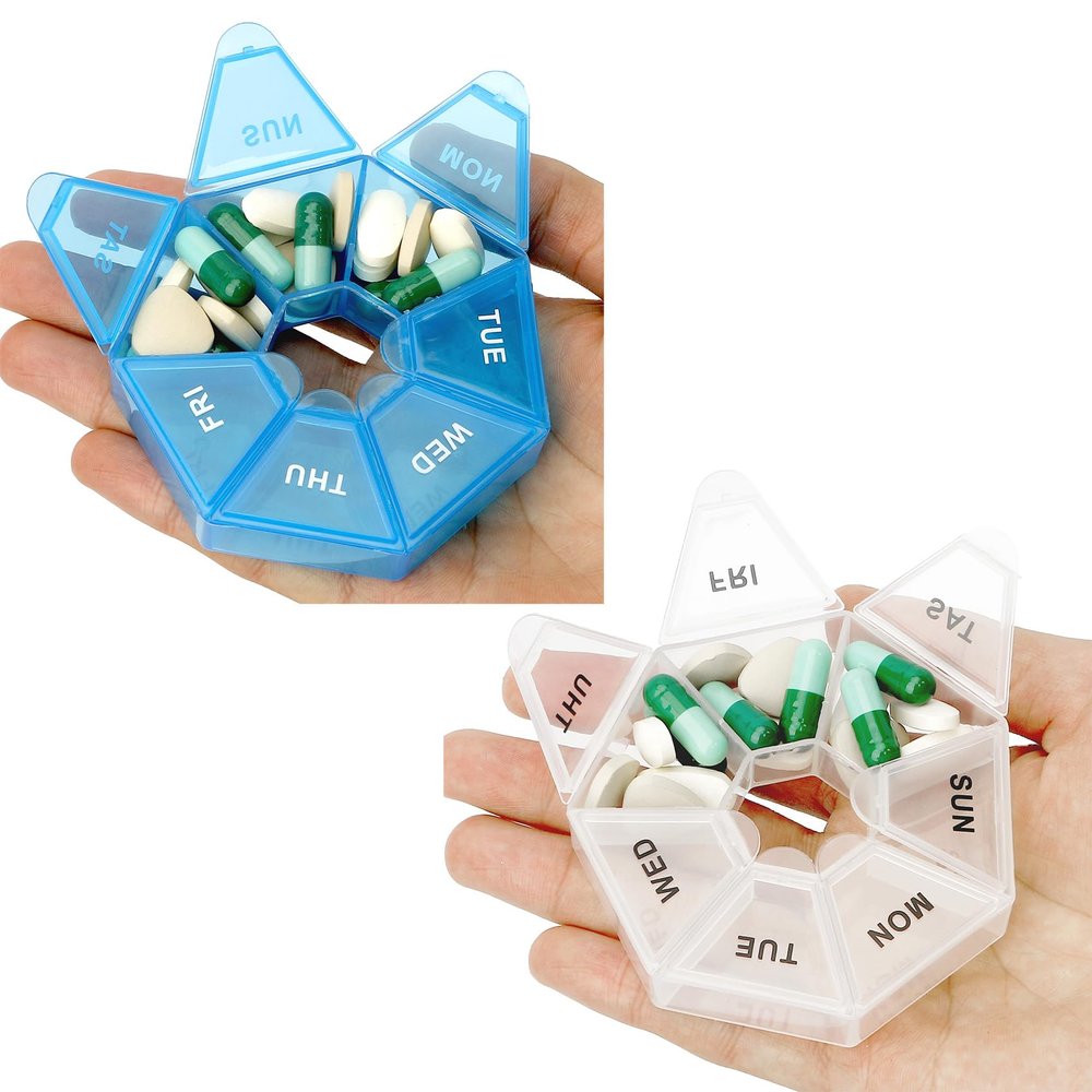 2 Pack Weekly Pill Organizer - Small Case, 1 Time a Day, 7 Day Container for Medicine, Travel Holder (Blue & White)