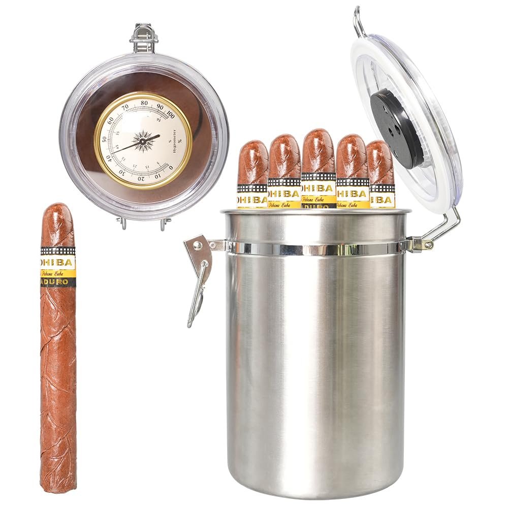 Heysong Stainless Steel Cigar Humidor Moisturizing Jar with Humidifier and Spanish Cedar Rolls,humidor That can Hold 12-15 Cigar
