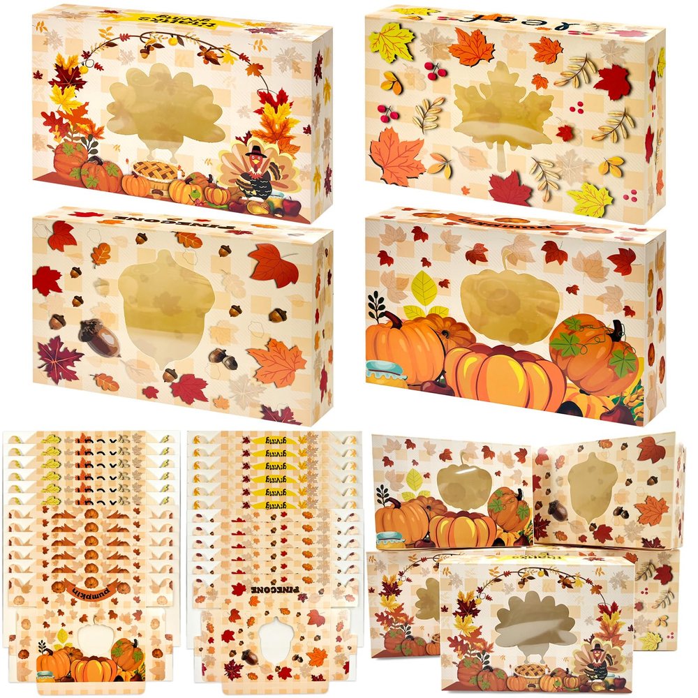 24pc Fall Cookie Boxes with Window, Autumn Maple Leaf Cookie Gift Cardboard Paper Treat Boxes for Fall Harvest, Wedding, Thanksgiving Party Supplies