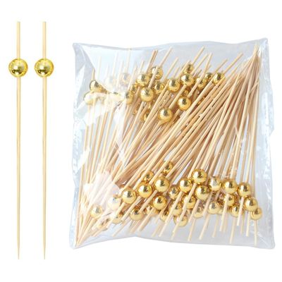 100 PCS Wooden Toothpick with Gold-Colored Bead 12cm Bamboo Cocktail Sticks Skewers for Fruits Drinks Party Picnic Food Decoration
