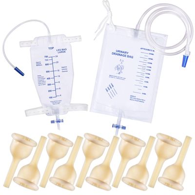 10Pcs Latex Catheter Set with 1 * Urinary Drainage Bag 2000ml & 1 * Leg Bag 750ml Day and Night Use, External Self Sealing Adhesive Strip Leak-Proof for Male (30mm)