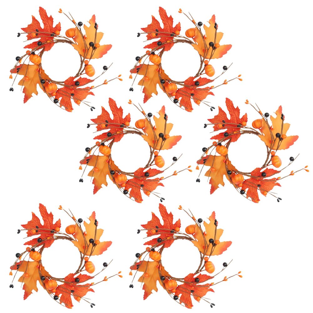 6Pcs Fall Candle Rings Wreaths, Artificial Pumpkin Maple Leaf Holder Rings, Artificial Pumpkin Maple Leaf Candle Garland with Berries Autumn Candle Wreaths for Home Table Decoration