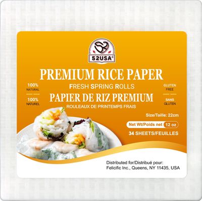 52USA Square Rice Paper, 1 Pack, White Rice Paper Wrappers, Fresh Spring Roll Wrappers & Dumplings-34 Sheets, Gluten-Free Wonton Wrappers, Vegan, Low Carb, Vietnamese Rice Wraps (22cm, 12 oz)