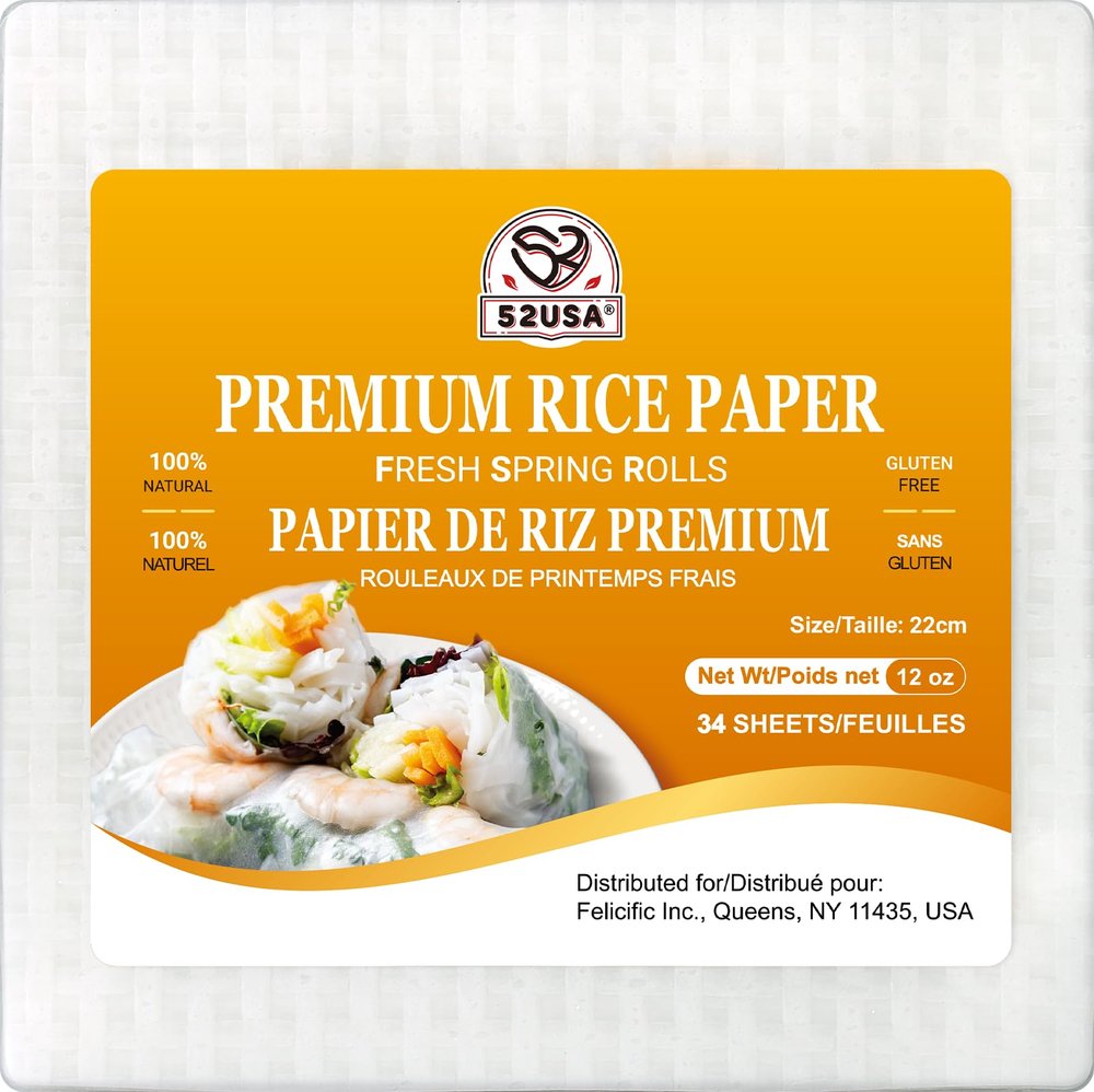 52USA Square Rice Paper, 1 Pack, White Rice Paper Wrappers, Fresh Spring Roll Wrappers & Dumplings-34 Sheets, Gluten-Free Wonton Wrappers, Vegan, Low Carb, Vietnamese Rice Wraps (22cm, 12 oz)