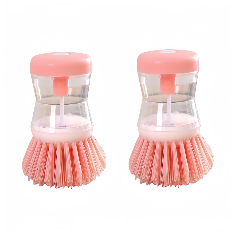 2 PCS Brush Pot Magic Tool Hydraulic Wash Pot Brush Household Cleaning Brushes Kitchen Press Type Automatic Liquid Adding and Pot Washing Brush(Pink,Two)