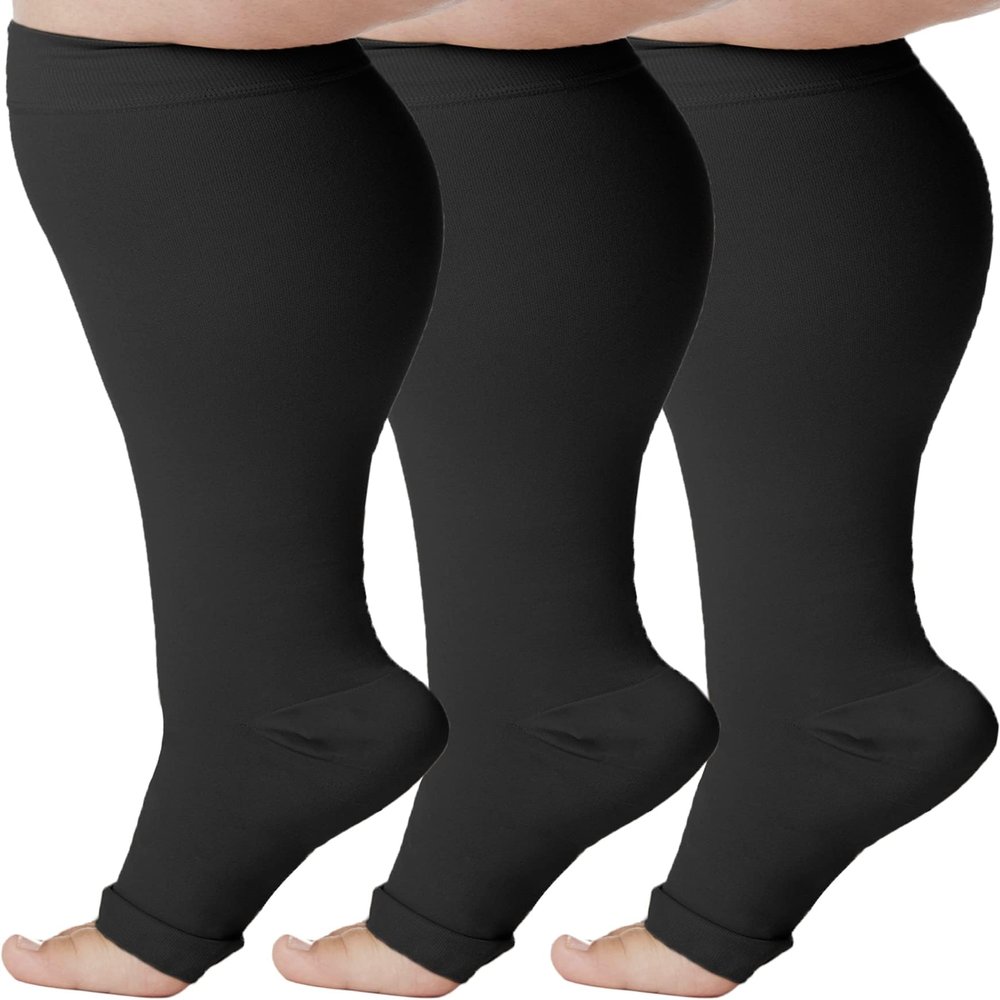 ABSOLUTE SUPPORT (3 Pairs) Graduated Support Opaque Compression Knee High Socks with Open Toe for Women and Men 20-30mmHg | For Edema, Post Surgery Recovery, Arthritis - Black, Medium - A511BL2-3