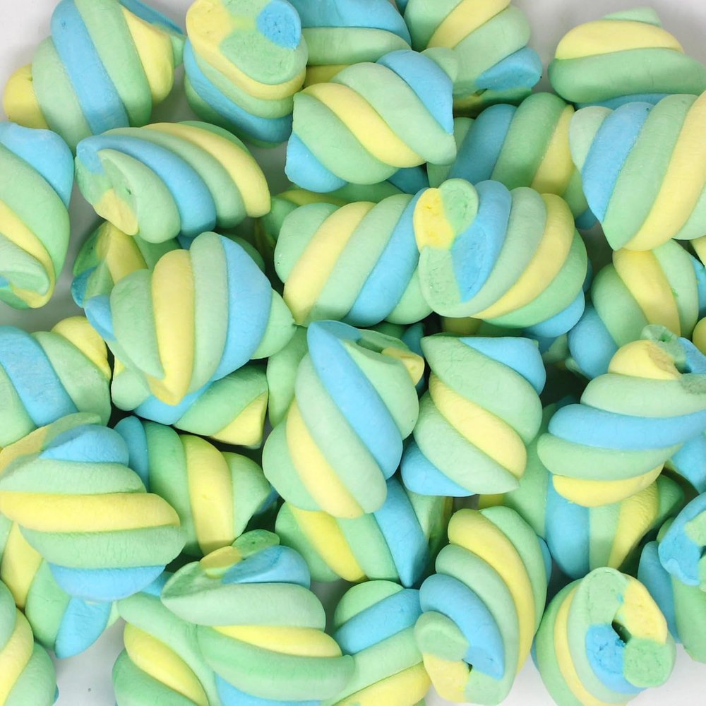 Dinosaur Twists Marshmallows -, 12-Pack Full Case - 6 LB - Yellow, Green, Blue 3-Color Twist - Vanilla Flavor - Made in Brazil - Bulk Wholesale