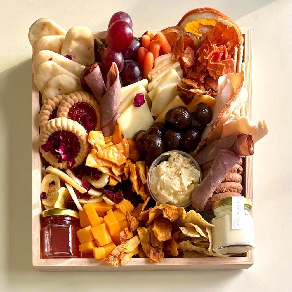 Assorted West Indian Snack Box, Variety of Chips, Nuts, Dried Fruits, Dips, 18 x 12 x 4 inches (Medium Board (Gluten Free) 14x12)