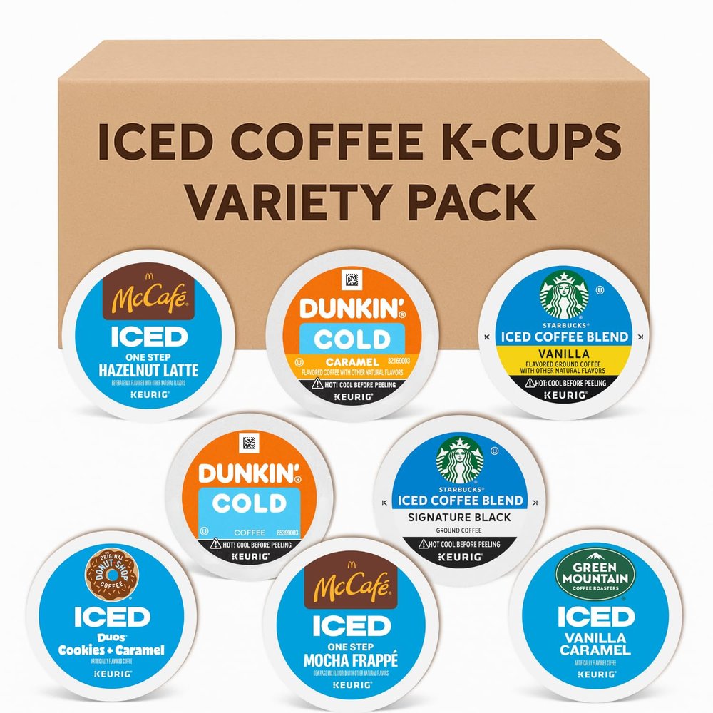 30-Count Cold Brew& Iced Coffee K-Cup Pods Variety Pack: Starbucks, Mcdonalds, Dunkin, Green Mountain, Donut Shop - Signature Black, Vanilla, Hazelnut Latte,Mocha Frappe, Caramel Coffee with Recipe eBook
