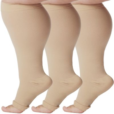ABSOLUTE SUPPORT (3 Pairs) Opaque Compression Stockings with Open Toe for Women and Men 20-30mmHg | For Swelling, Diabetic, Lymphedema and Pain Relief - Beige, Small - A511BE1-3