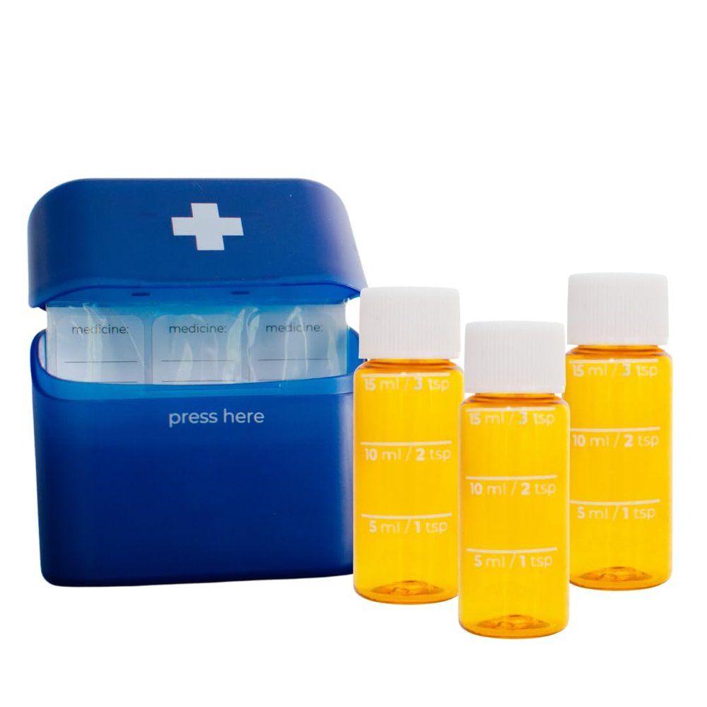 Allermates 3 Pack Mini Med Bottles with Hard Shell Travel Case - Blue 3 Pack
