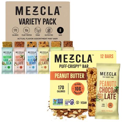 Mezcla Vegan Chocolate High Protein Bars, Gluten Free, Plant Based, Non GMO, No Dairy, 10g Protein, Healthy Snacks, Variety Pack (8 Bars) and Peanut Butter (12 Pack) Bundle
