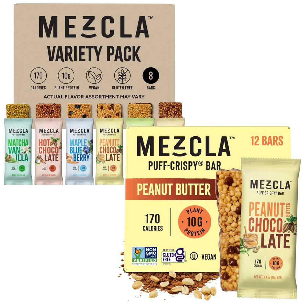 Mezcla Vegan Chocolate High Protein Bars, Gluten Free, Plant Based, Non GMO, No Dairy, 10g Protein, Healthy Snacks, Variety Pack (8 Bars) and Peanut Butter (12 Pack) Bundle