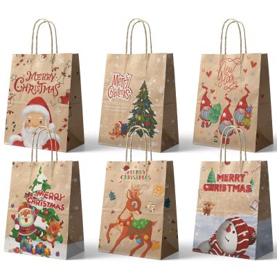 24Pcs Kraft Gift Bags - Medium Christmas Paper Bags with Handles, Six Designs for Holidays Party Favors