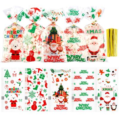 BOEIAC Christmas Treat Bags, 200 Pack Christmas Cellophane Treat Bags, 5.04x10.63 Inch Treat Candy Bag with 200 Pcs Twist Ties for Cookie Goodies Gift Present Wrap Xmas Party Favor Supplies, 5 Styles