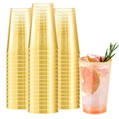 Clawsoff 12 oz Gold Plastic Cups, 100 Pack Cold Party Drinking Cups, Plastic Cup Tumblers, Disposable Gold Cup for Party, Wedding, Halloween, Christmas
