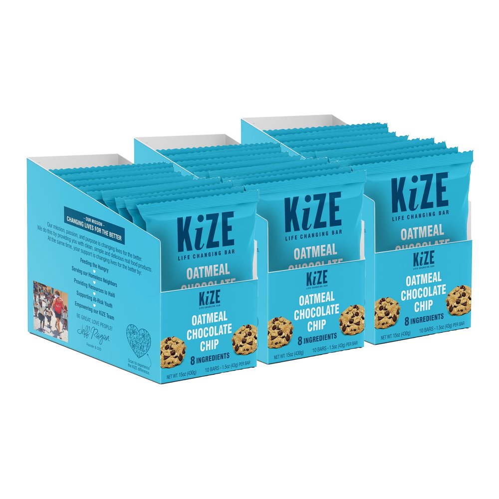 KiZE Energy Bars - Oatmeal Chocolate Chip - 30-Count - Gluten Free, Dairy Free, Non-GMO, and High Protein Meal Replacement Energy Bars, Clean and Simple Food Ingredients - 7g High Protein Snacks (30 Count)