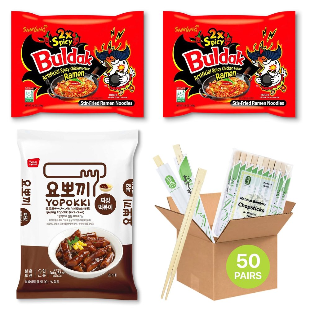 Spicy Korean Delight Bundle: 2x Samyang Buldak 2X Spicy Noodles, Yopokki Jjajang Rice Cake Pack (Serves 2), and 50 Bamboo Chopsticks